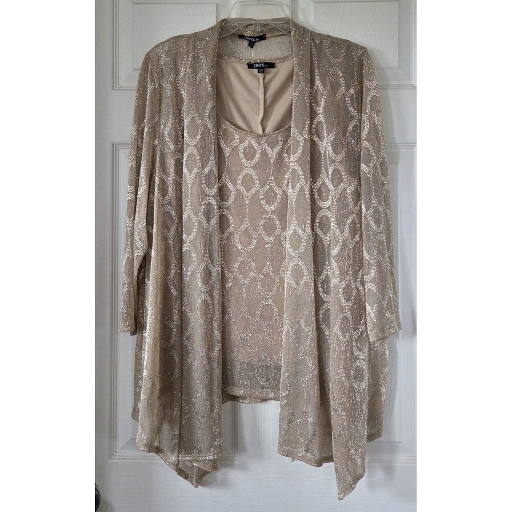 ONYX NITE Women's 2-Piece Gold Shimmer Open Front Jacket & Tank Set Size XL NWT